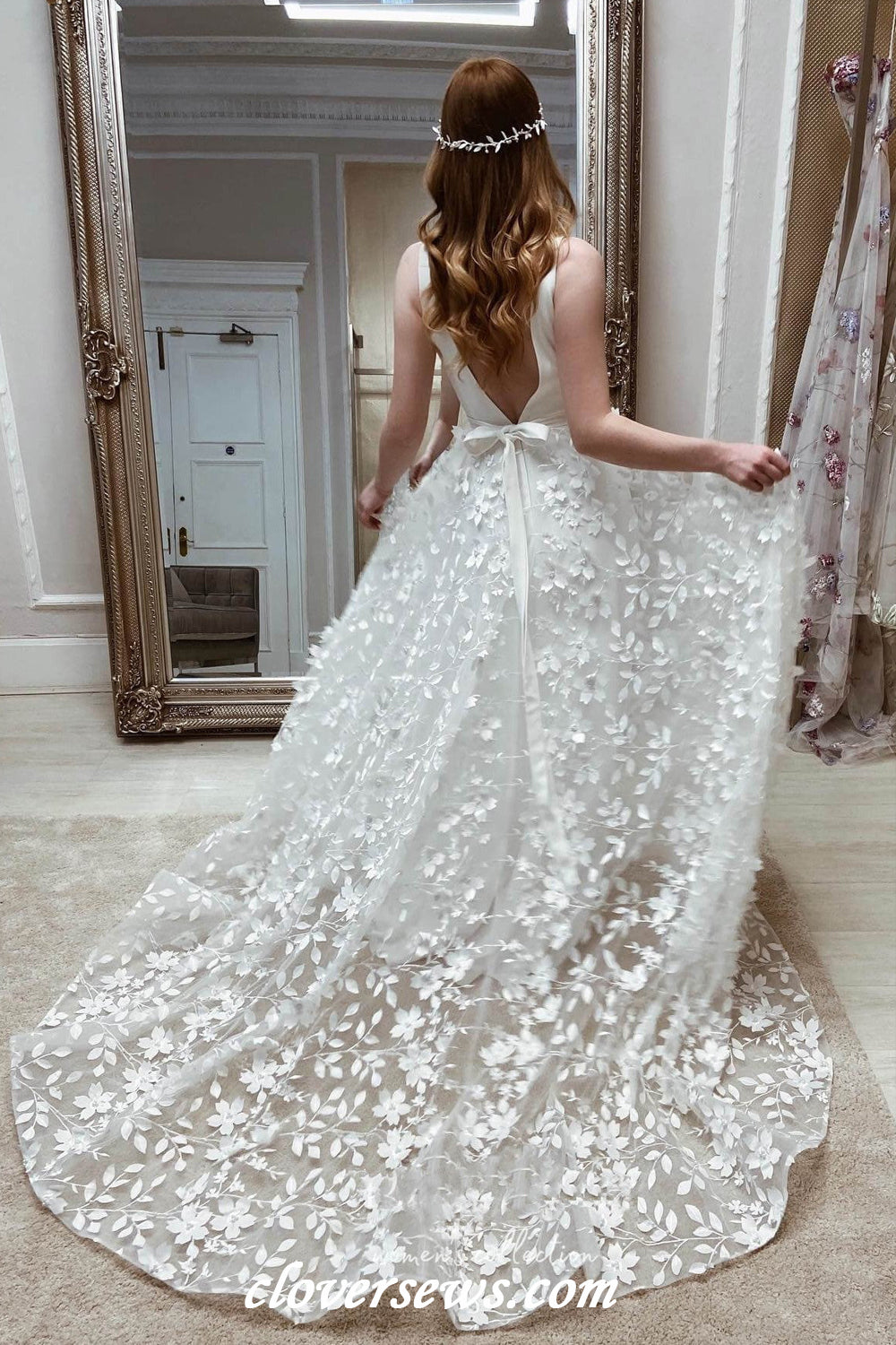 Fashin 3D Lace Sleeveless A-line Side Slit Wedding Dresses, CW0182