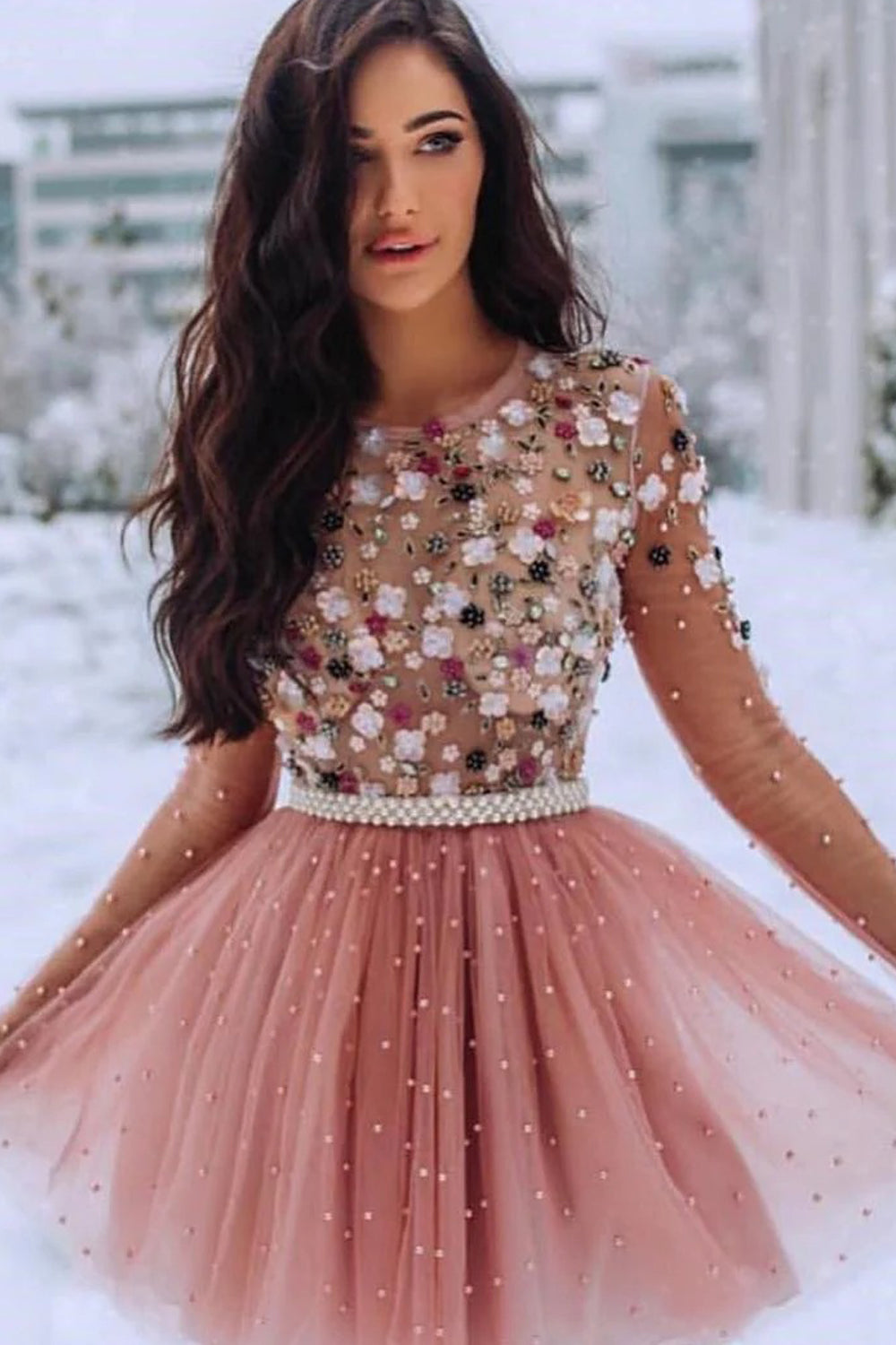 Pink Tulle See Through Long Sleeves Bead Applique Homecoming Dresses ,CH0008