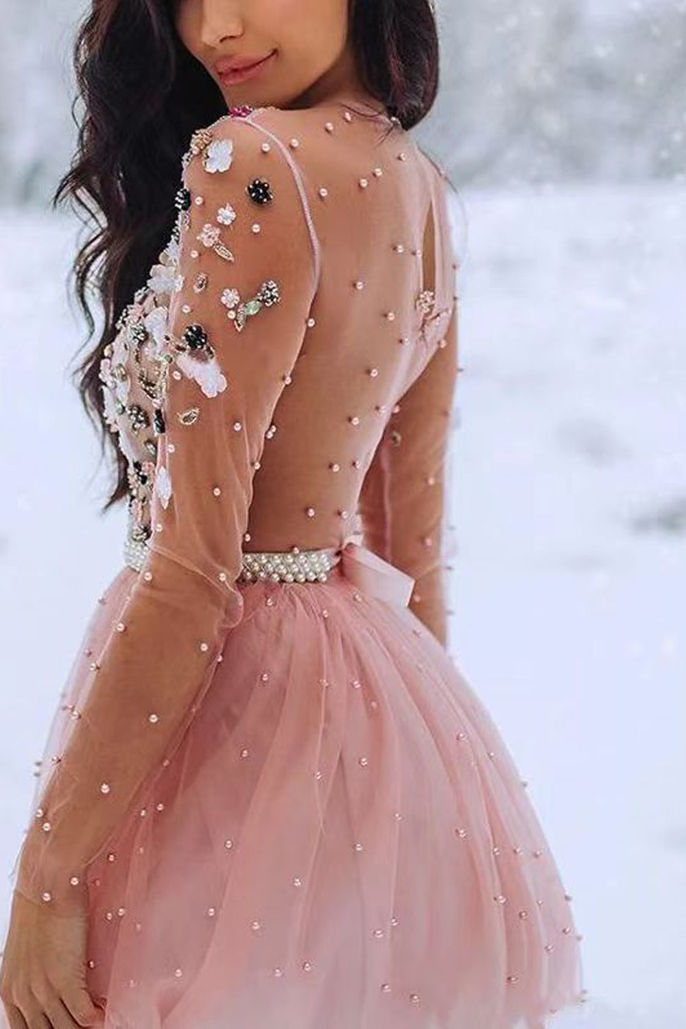 Pink Tulle See Through Long Sleeves Bead Applique Homecoming Dresses ,CH0008