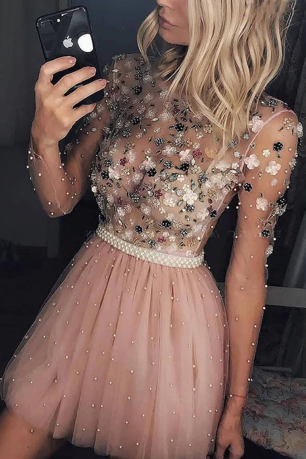 Pink Tulle See Through Long Sleeves Bead Applique Homecoming Dresses ,CH0008