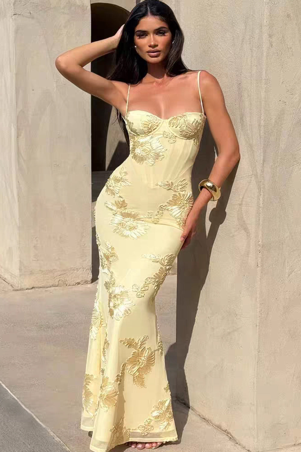3D Floral Embroidery Tulle Spaghetti Strap Mermaid Yellow Prom Dresses, CP1045