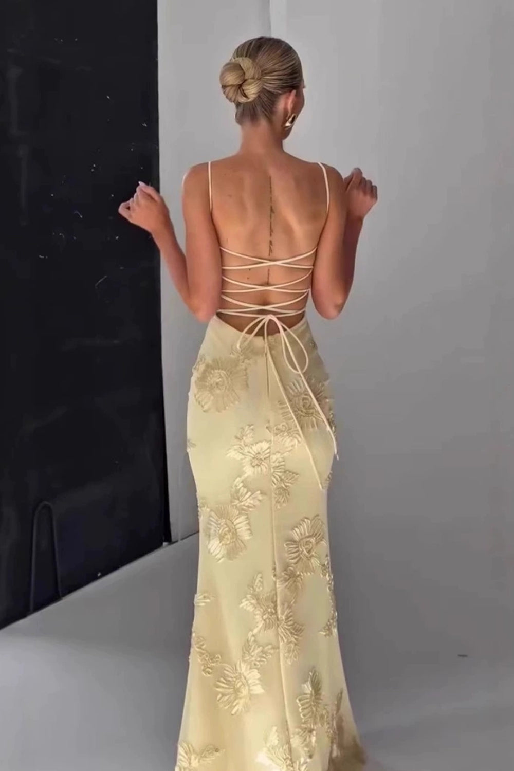 3D Floral Embroidery Tulle Spaghetti Strap Mermaid Yellow Prom Dresses, CP1045