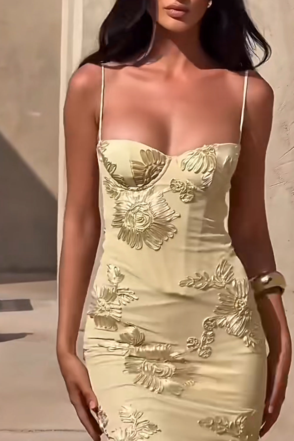 3D Floral Embroidery Tulle Spaghetti Strap Mermaid Yellow Prom Dresses, CP1045