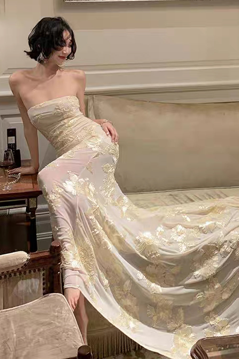 3D Floral Embroidery Tulle Strapless Mermaid Yellow Prom Dresses, CP1047