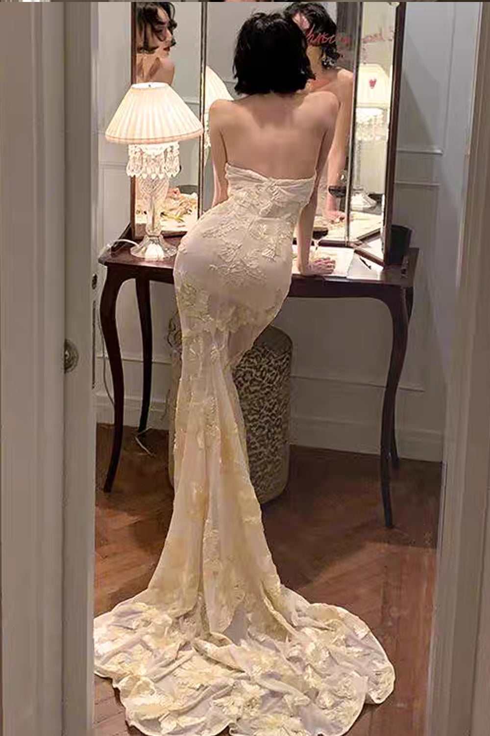 3D Floral Embroidery Tulle Strapless Mermaid Yellow Prom Dresses, CP1047