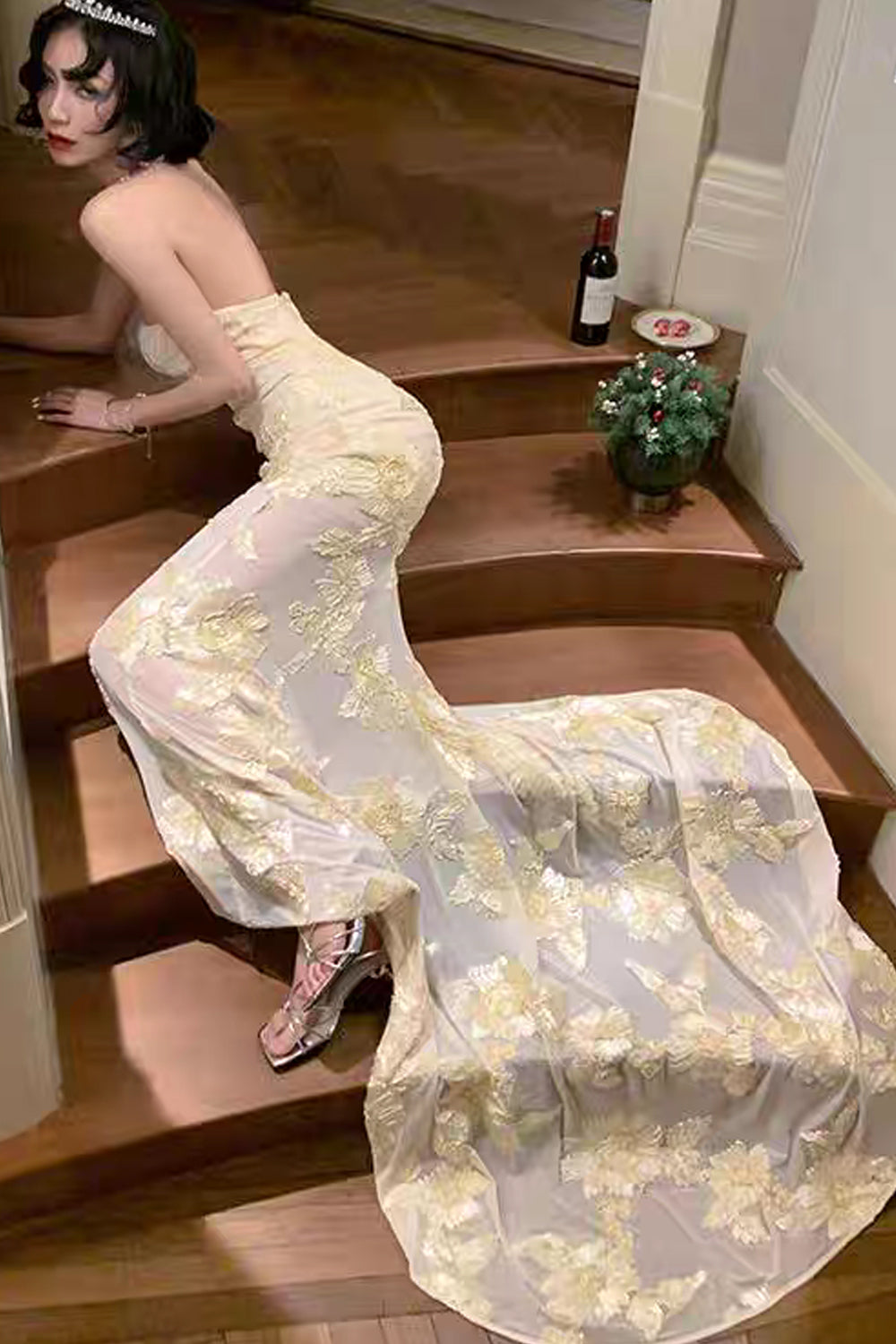 3D Floral Embroidery Tulle Strapless Mermaid Yellow Prom Dresses, CP1047