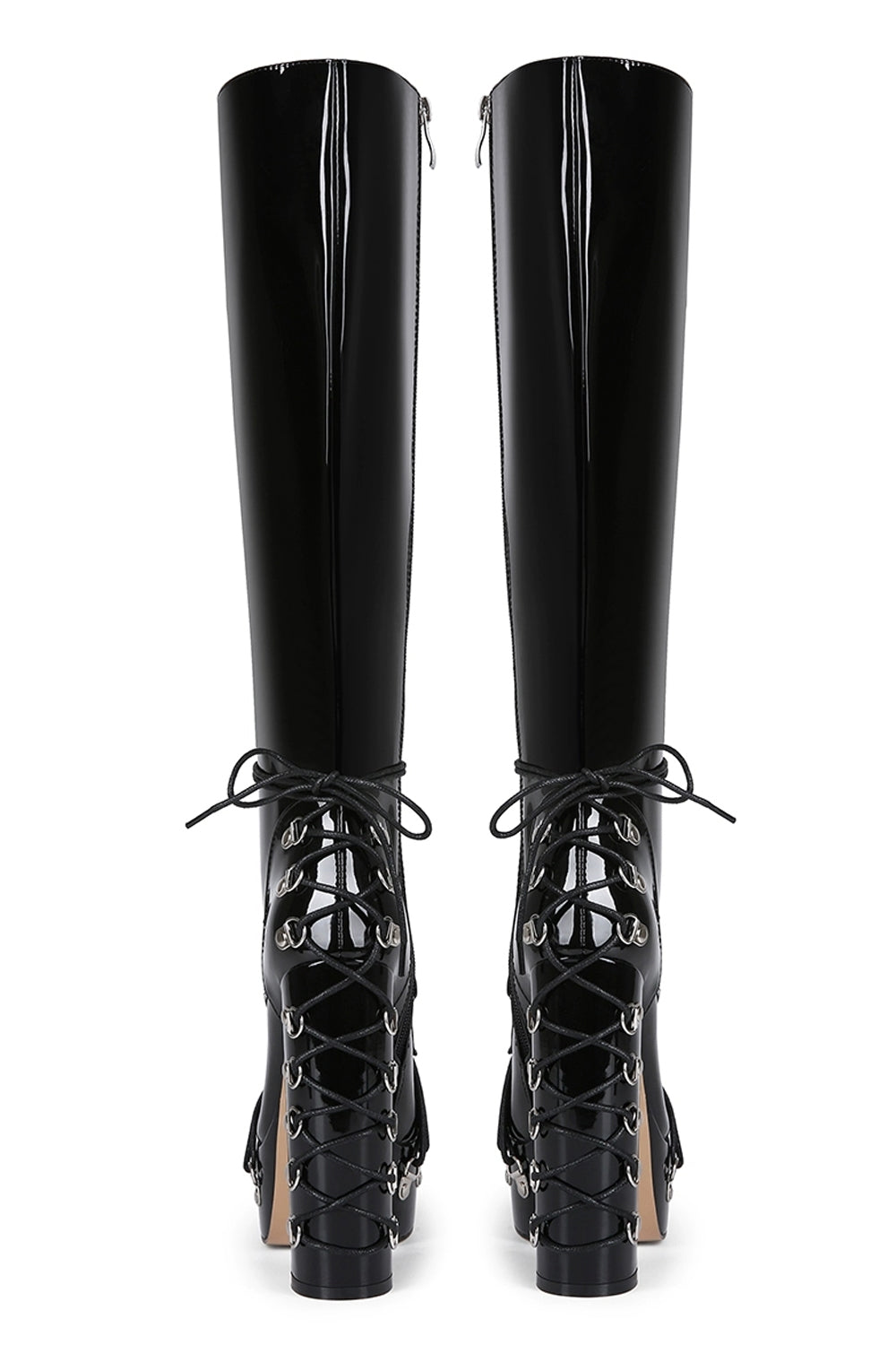 45 Plus Size Cross Tied Gothic Rivet Black Patent Leather Platform Chunky Heels Dark Punk Boots
