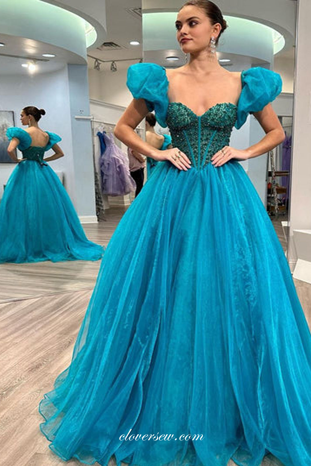 Beaded Organza Sweetheart Strapless With Puffy Sleeves Prom Dress, CP1106