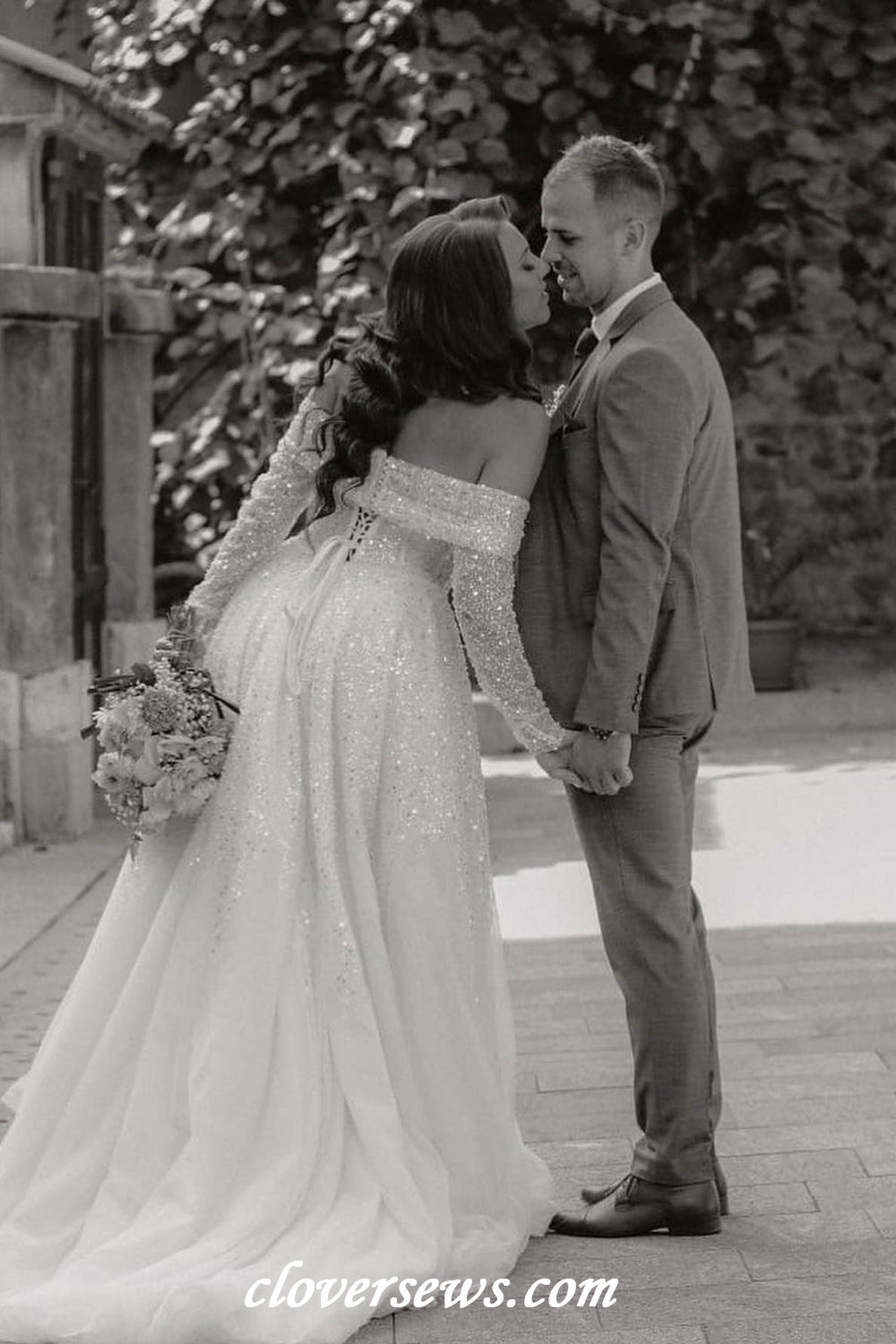 Beading Sequined Tulle Off The Shoulder Long Sleeves A-line With Slit Shiny Wedding Dresses, CW0390