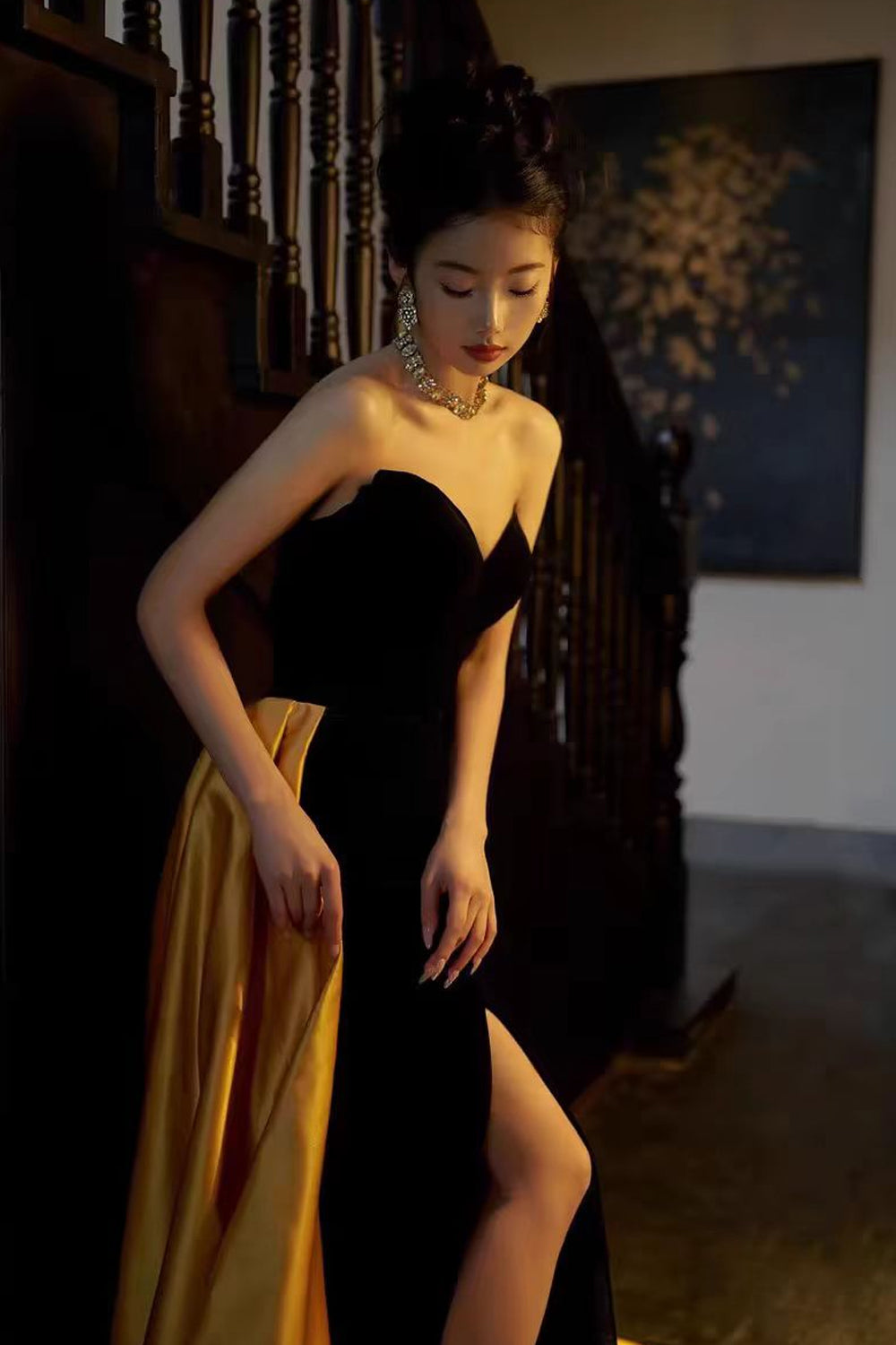 Black And Golden Satin Strapless Sheath Prom Gown, CP1204