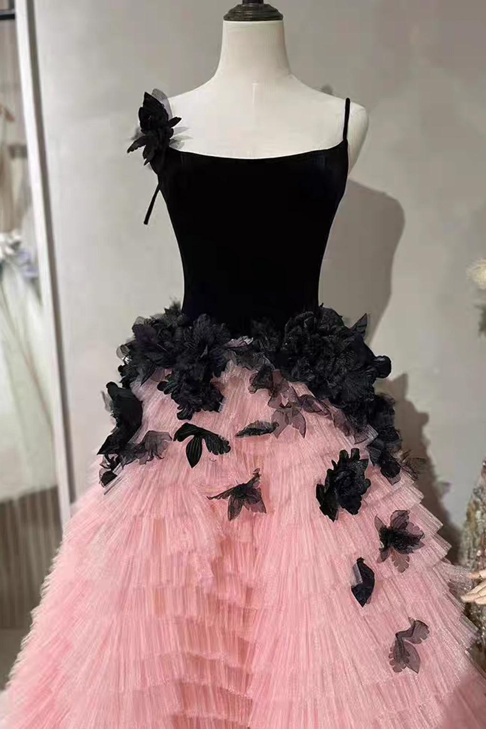 Black And Pink 3D Handmade Flowers Tiered Princess Prom Gown, CP1073
