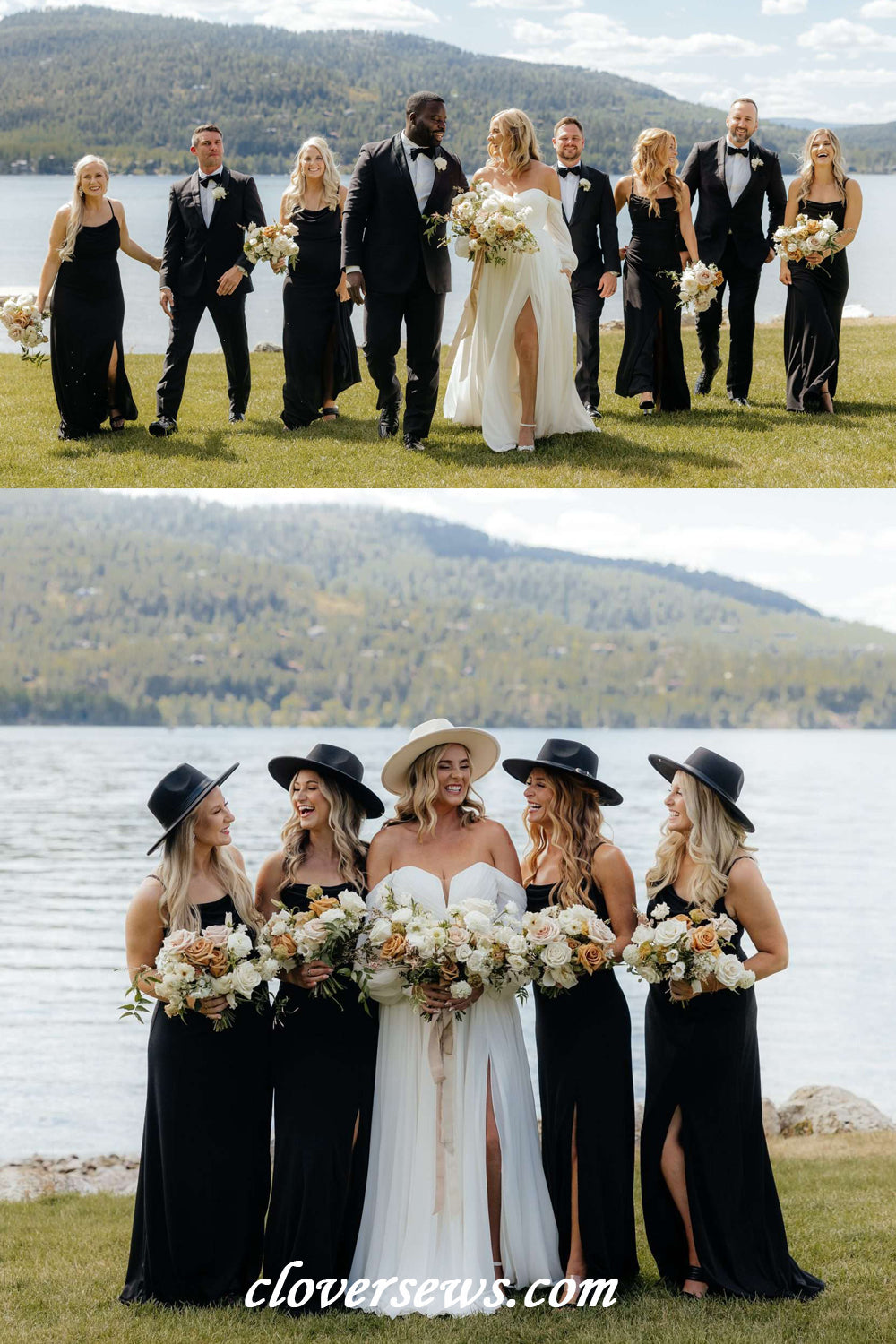 Black Elastic Satin Spaghetti Strap Side Slit Long Bridesmaid Dresses, CB0325