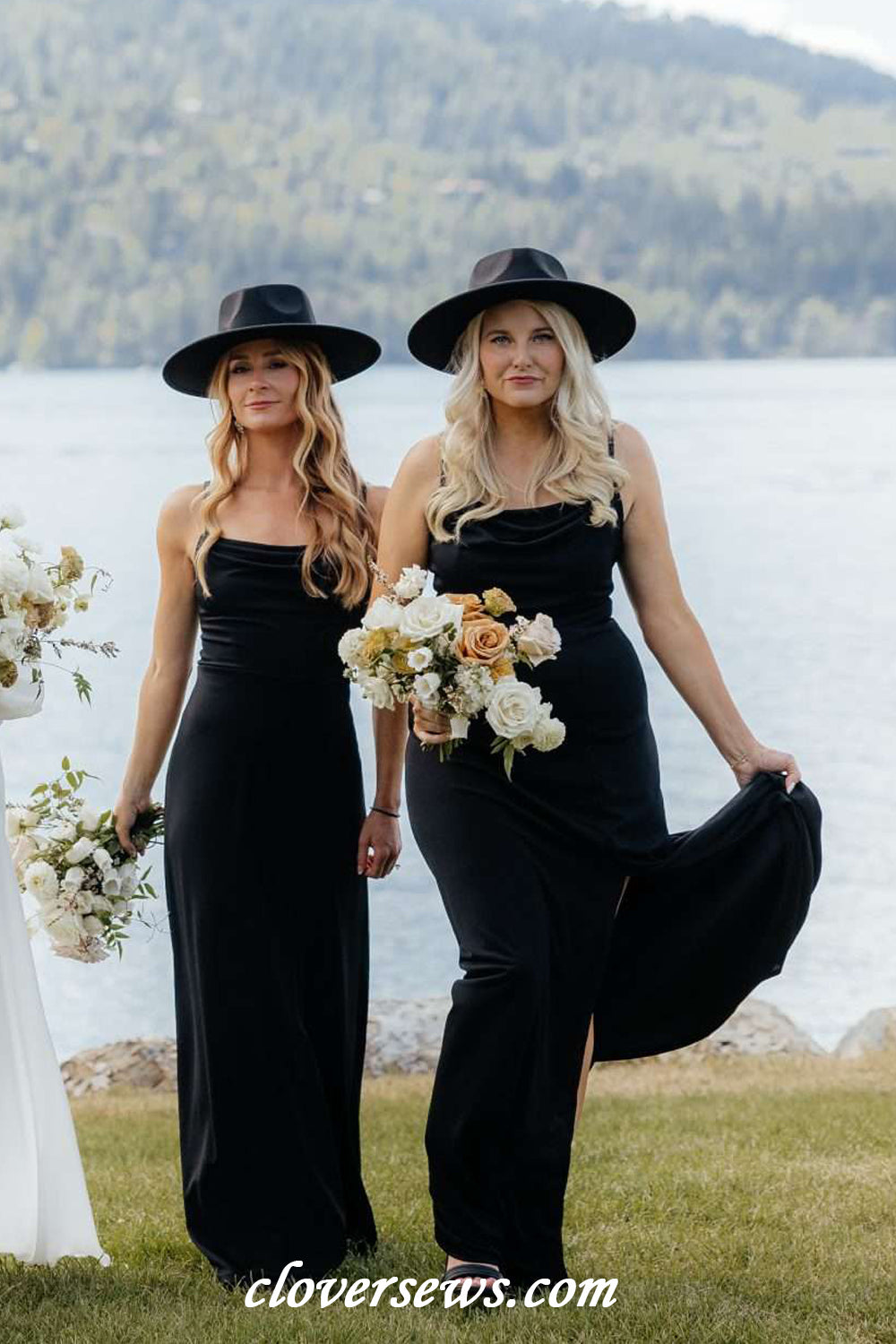 Black Elastic Satin Spaghetti Strap Side Slit Long Bridesmaid Dresses, CB0325