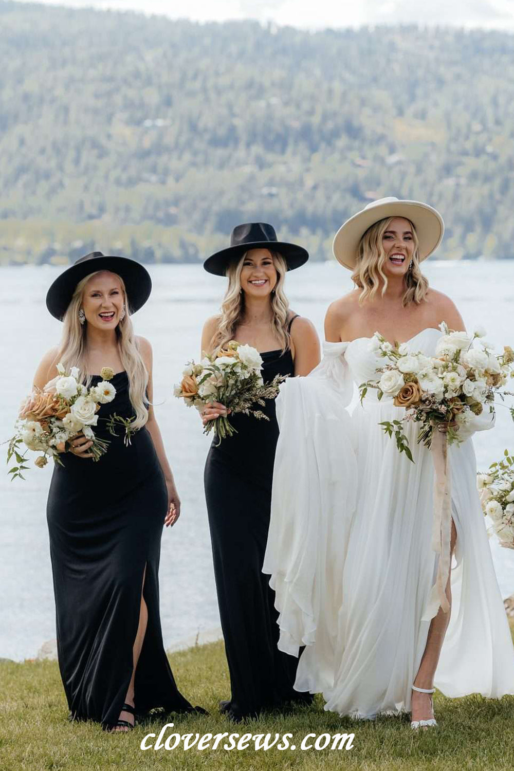 Black Elastic Satin Spaghetti Strap Side Slit Long Bridesmaid Dresses, CB0325