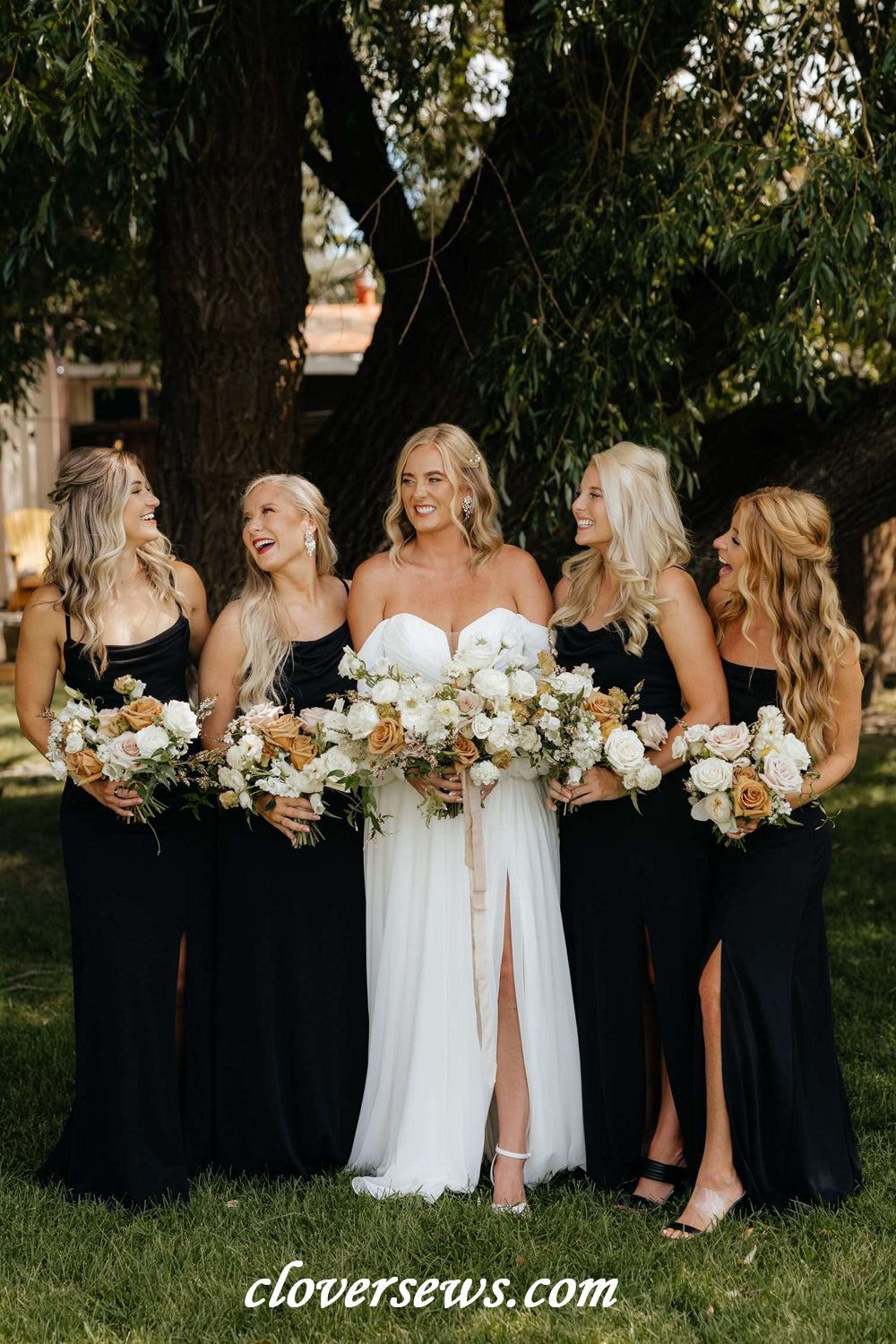 Black Elastic Satin Spaghetti Strap Side Slit Long Bridesmaid Dresses, CB0325