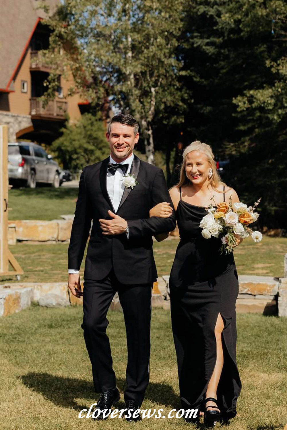 Black Elastic Satin Spaghetti Strap Side Slit Long Bridesmaid Dresses, CB0325