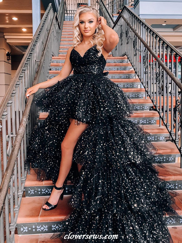 Black Glitter Tulle Spaghetti Strap Tiered High Low Shiny Prom Dresses clover sew Black Glitter Tulle Spaghetti Strap Tiered High Low Shiny Prom Dresses clover sew