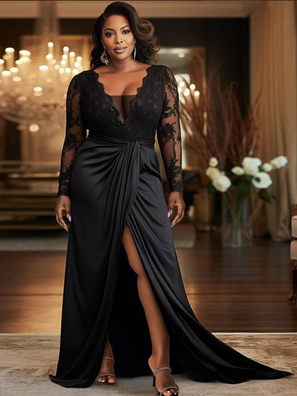 Black Lace Long Sleeves V-neck Sheath With Front Slit Formal Dresses, clover sew Black Lace Long Sleeves V-neck Sheath With Front Slit Formal Dresses, clover sew