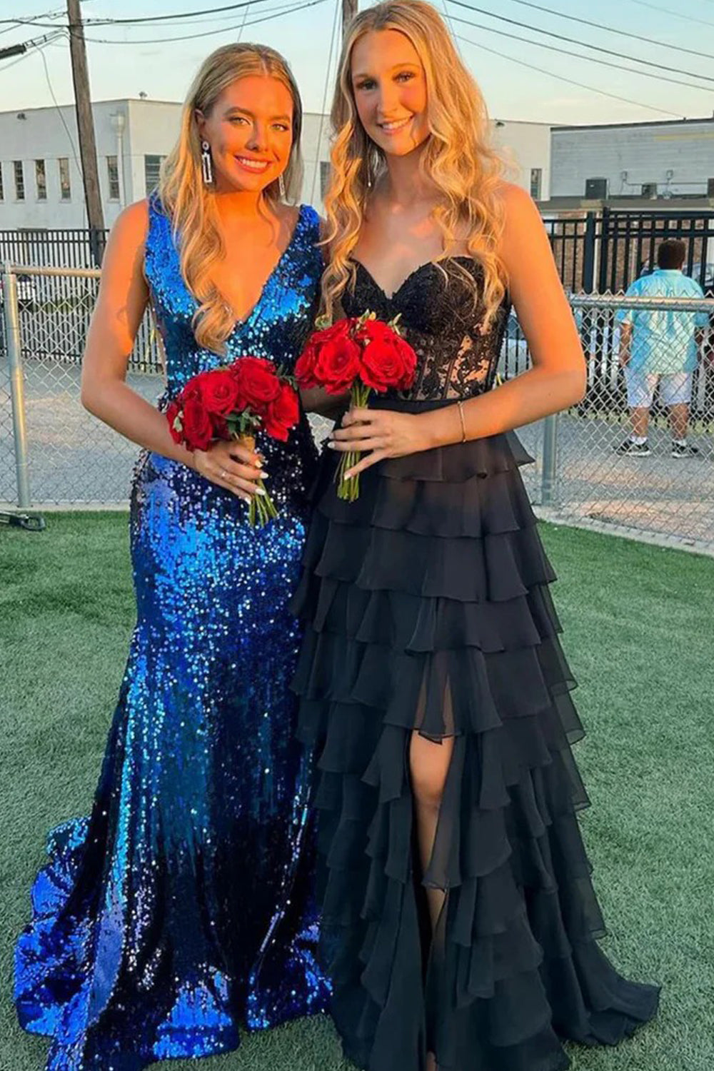 Black Lace Strapless Chiffon Tiered A-line Prom Dresses, CP1052