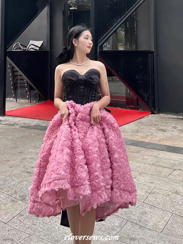 Black Lace Top Pink Rosy 3D Floral Tulle Strapless Ankle Length Prom D clover sew Black Lace Top Pink Rosy 3D Floral Tulle Strapless Ankle Length Prom D clover sew