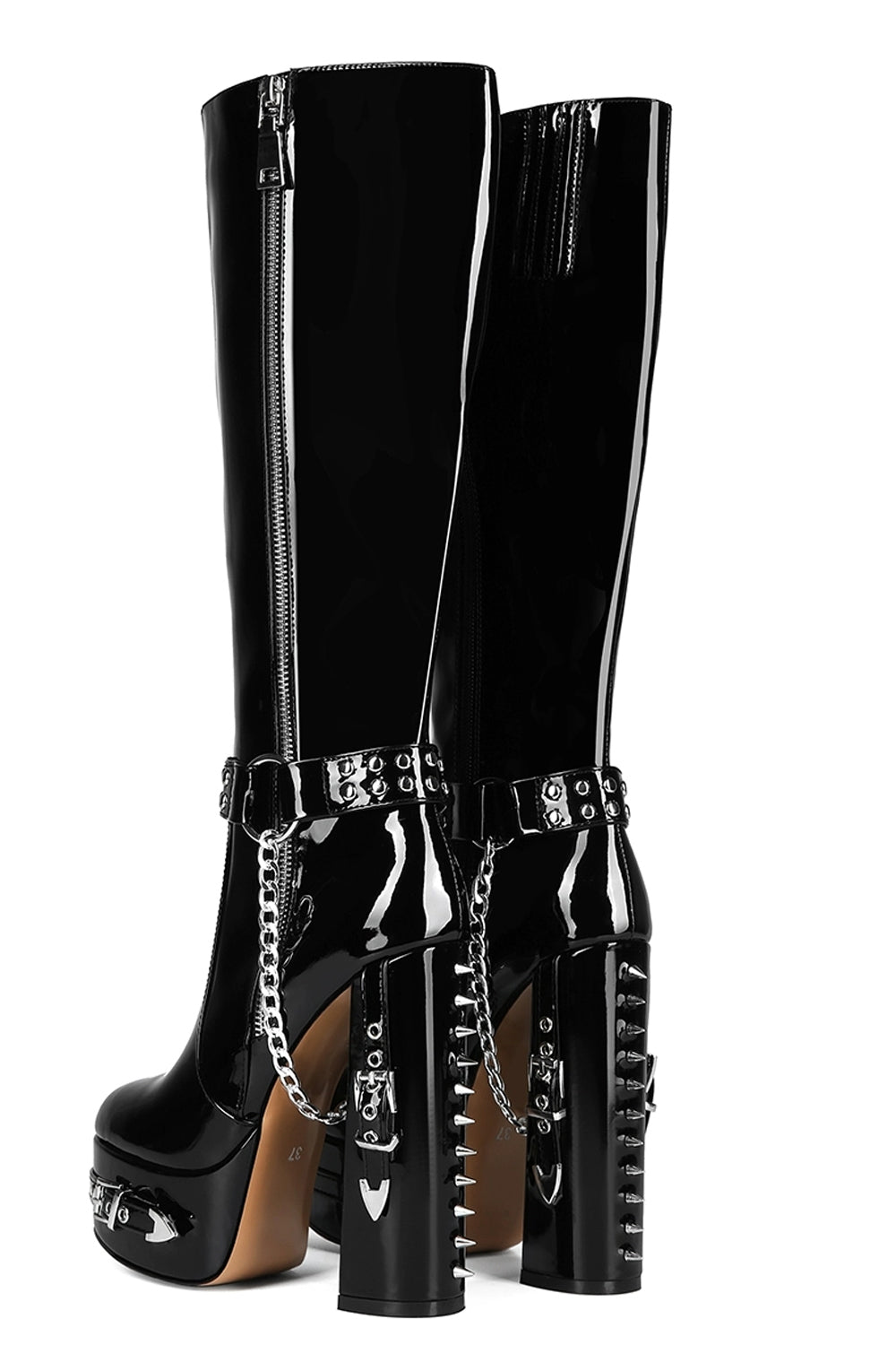 Black Patent Leather Platform Gothic Studed Chunky High-heeled Boots