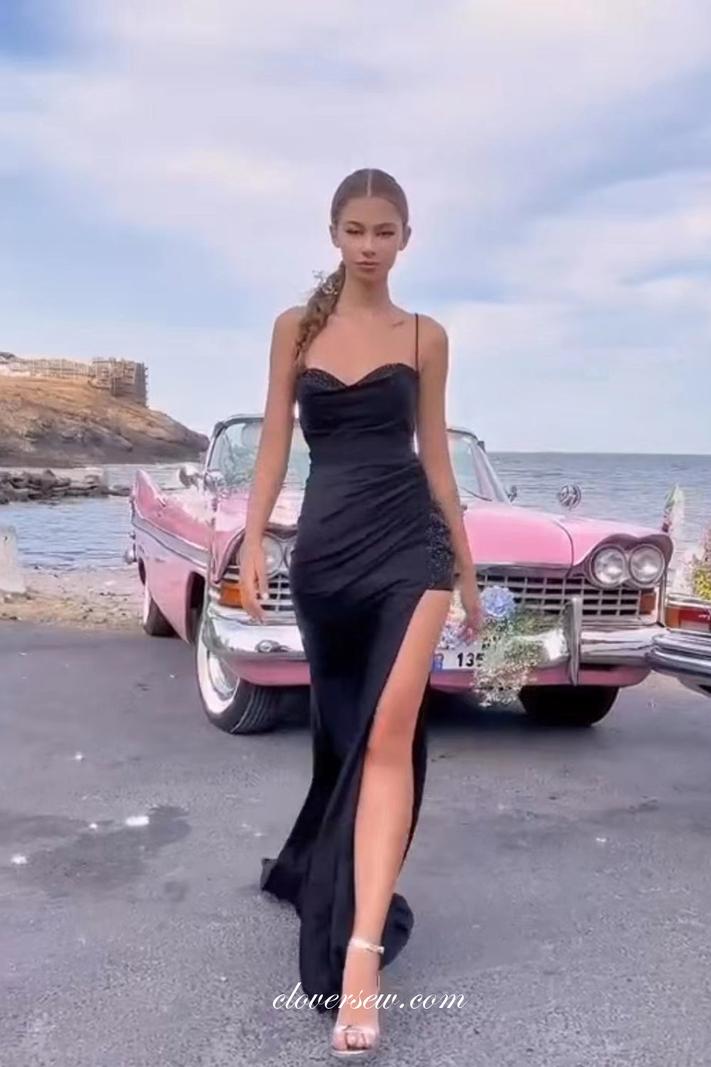 Black Satin Beading Neckline Spaghetti Strap High Slit Prom Dresses, CP1044
