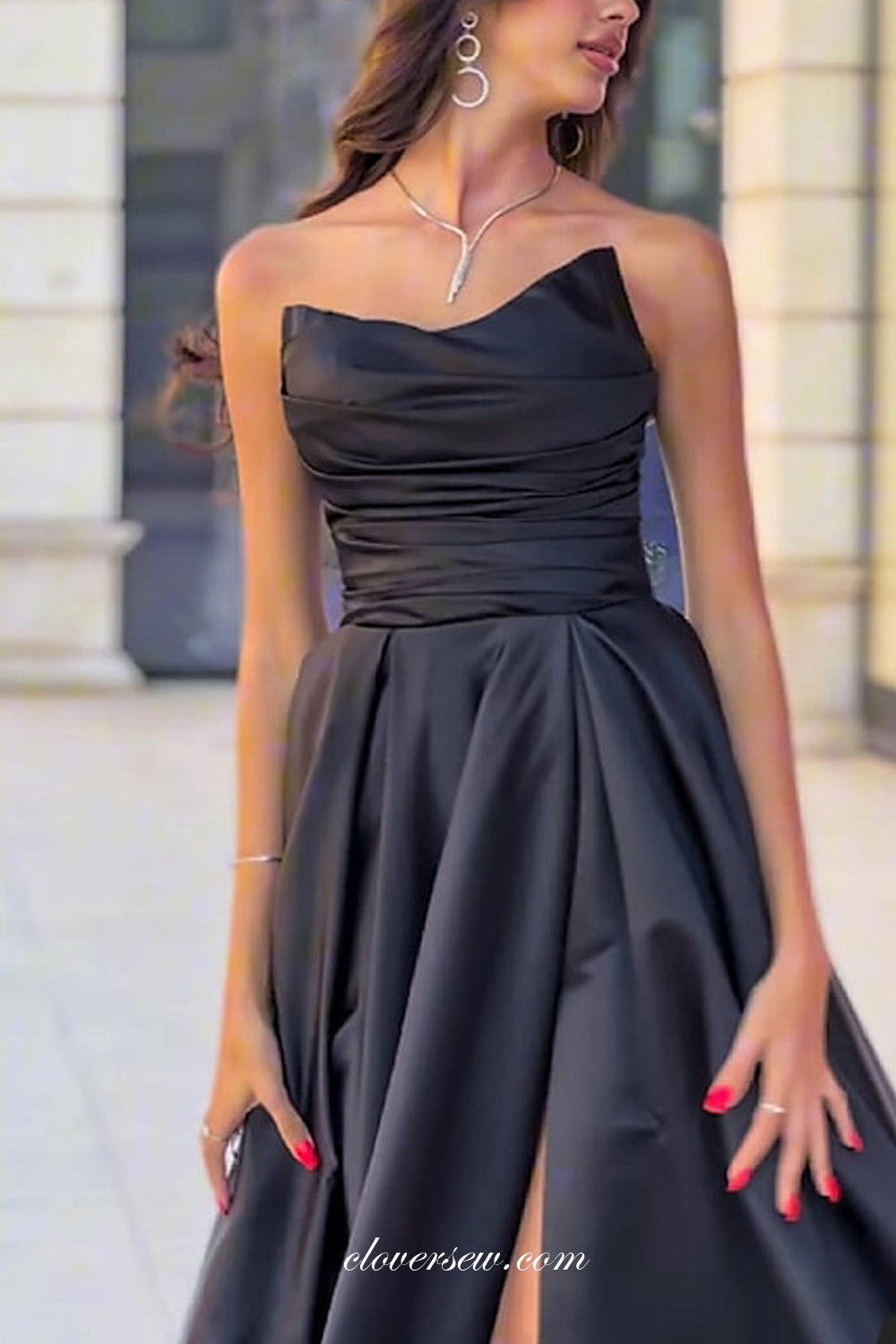 Black Satin Strapless A-line With High Slit Simple Prom Dresses, CP1042