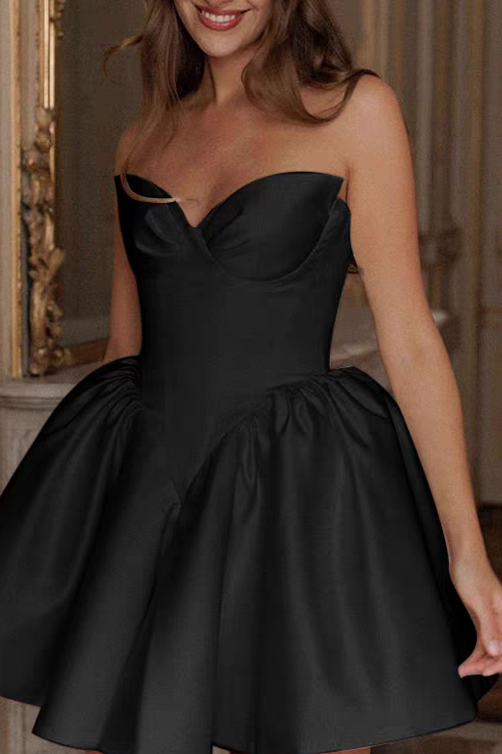 Black Satin Strapless Ball Gown Fashion Short Formal Party Dresses, CH0119