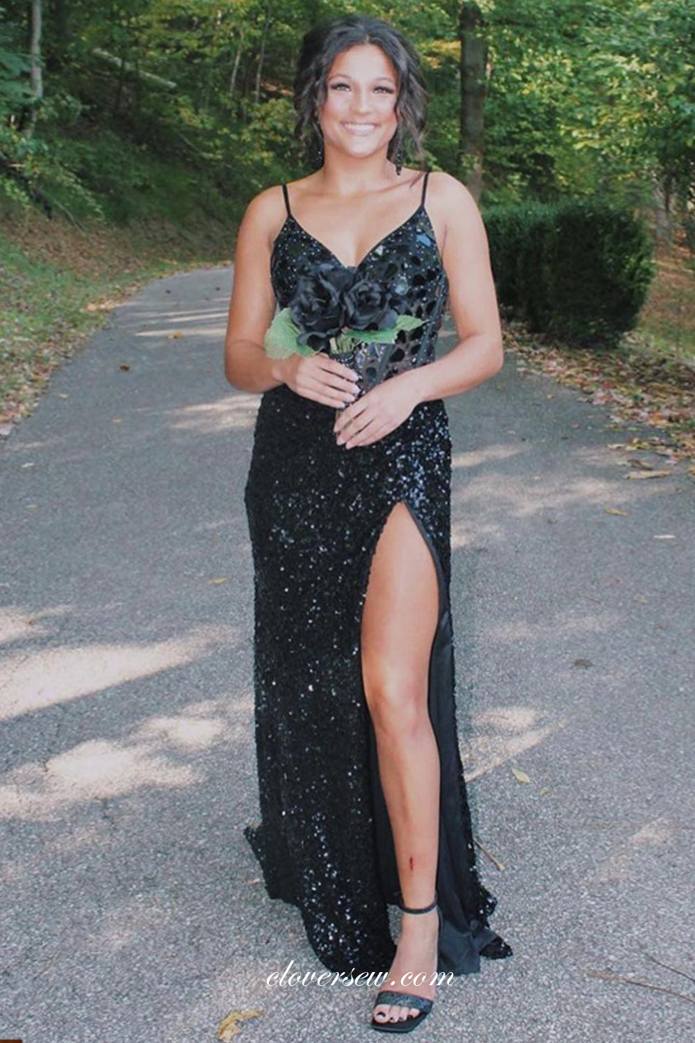 Black Sparkly Rhinestone Sequin Spagehtti Strap V-neck Sheath Slit Prom Dresses, CP1081
