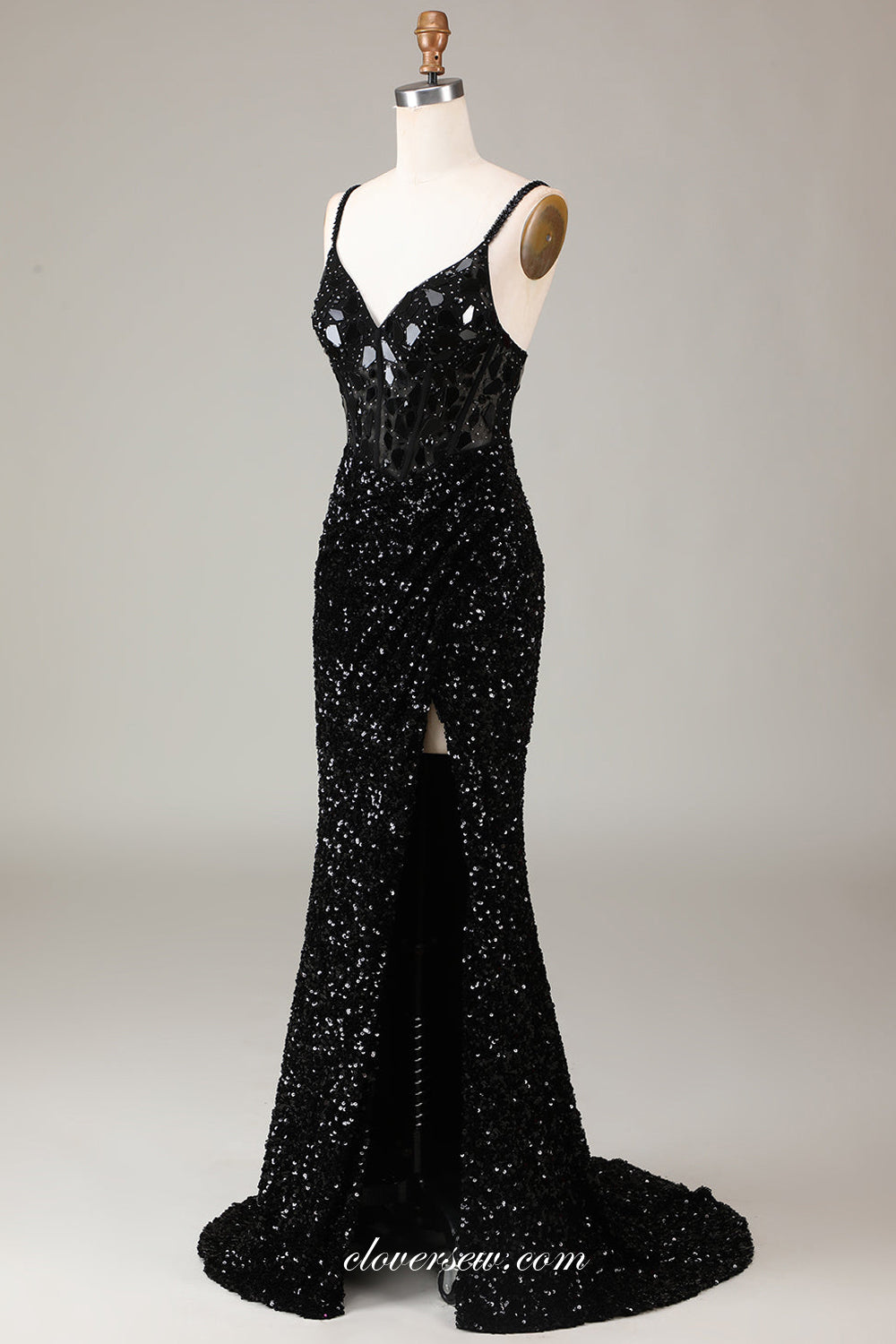 Black Sparkly Rhinestone Sequin Spagehtti Strap V-neck Sheath Slit Prom Dresses, CP1081