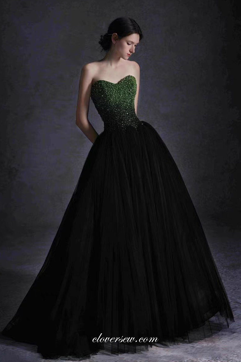 Black Tulle Green Beading Top Strapless Ball Gown Formal Prom Dresses, CP1073