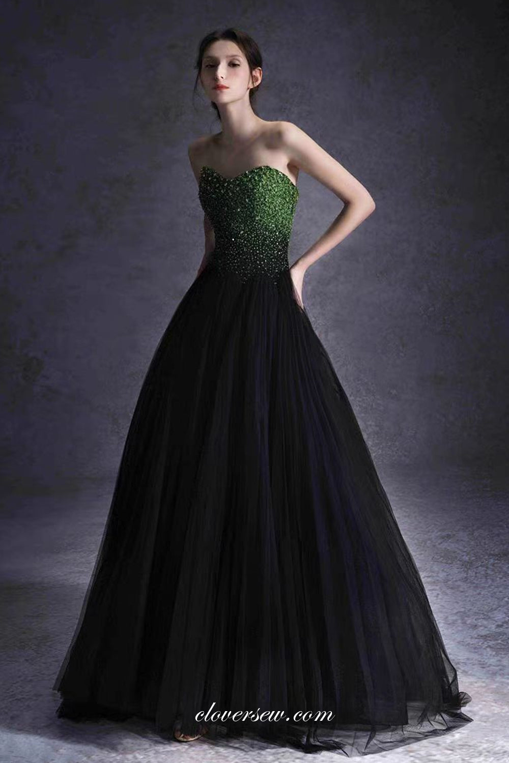Black Tulle Green Beading Top Strapless Ball Gown Formal Prom Dresses, CP1073