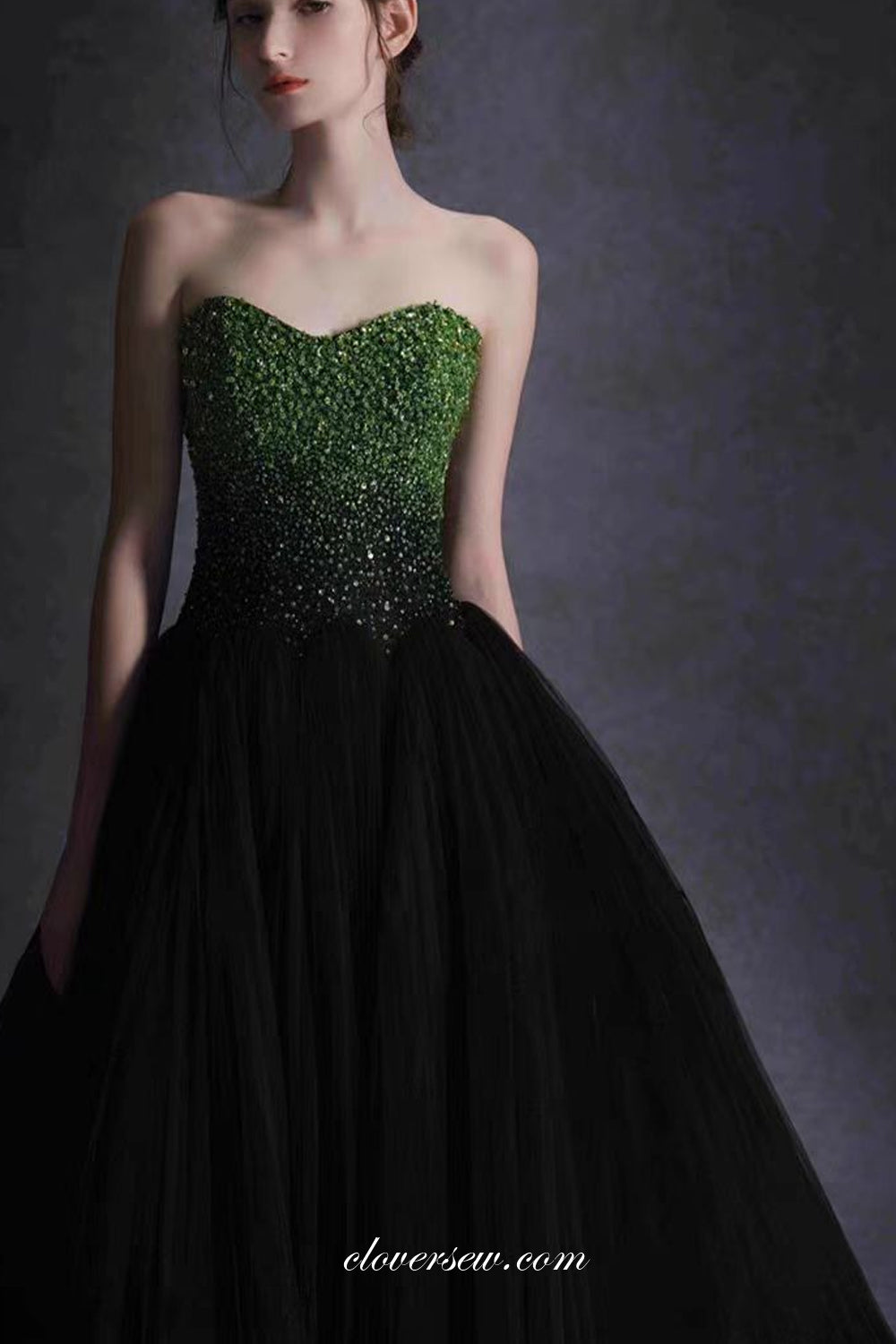 Black Tulle Green Beading Top Strapless Ball Gown Formal Prom Dresses, CP1073
