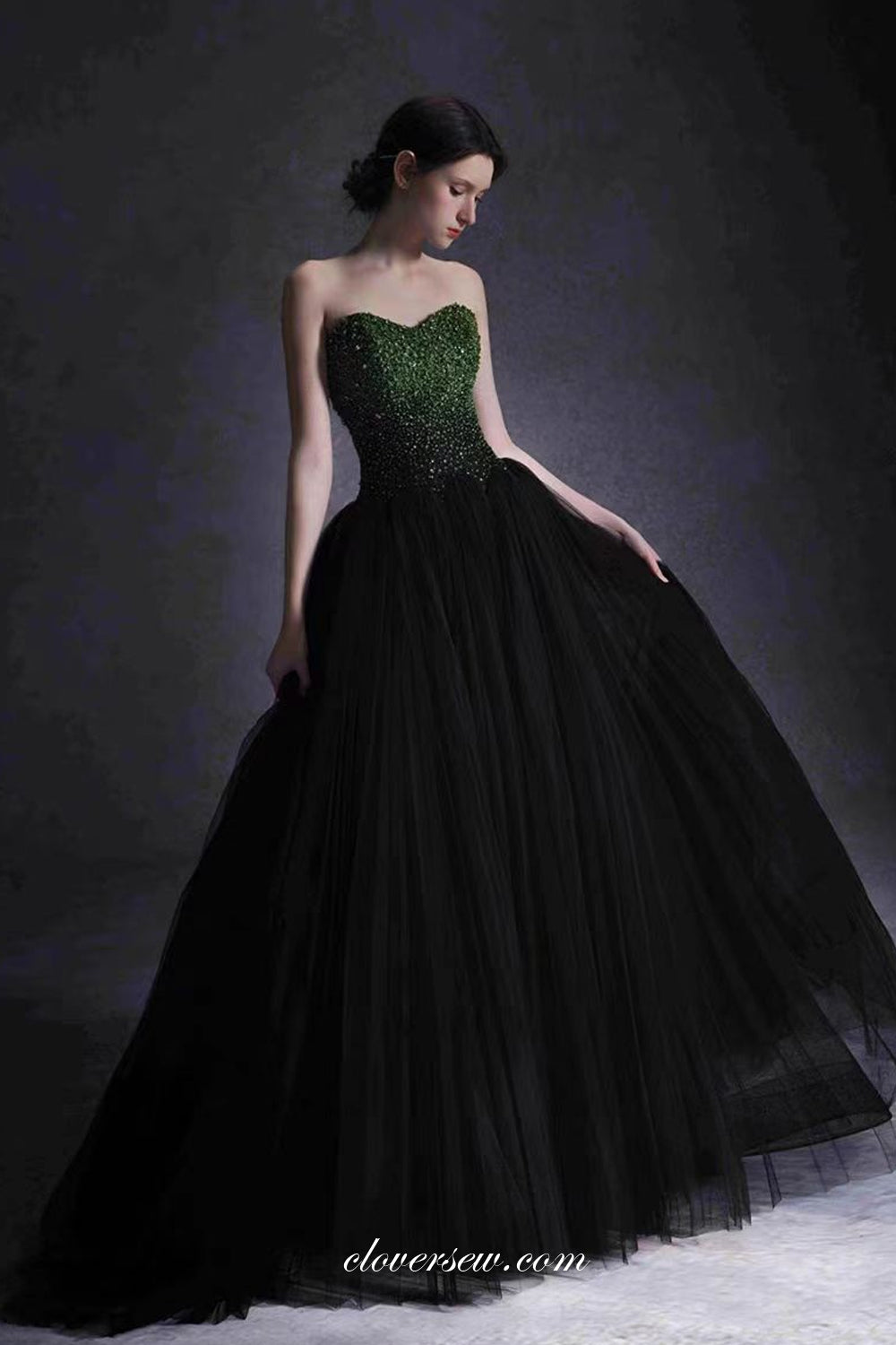 Black Tulle Green Beading Top Strapless Ball Gown Formal Prom Dresses, CP1073