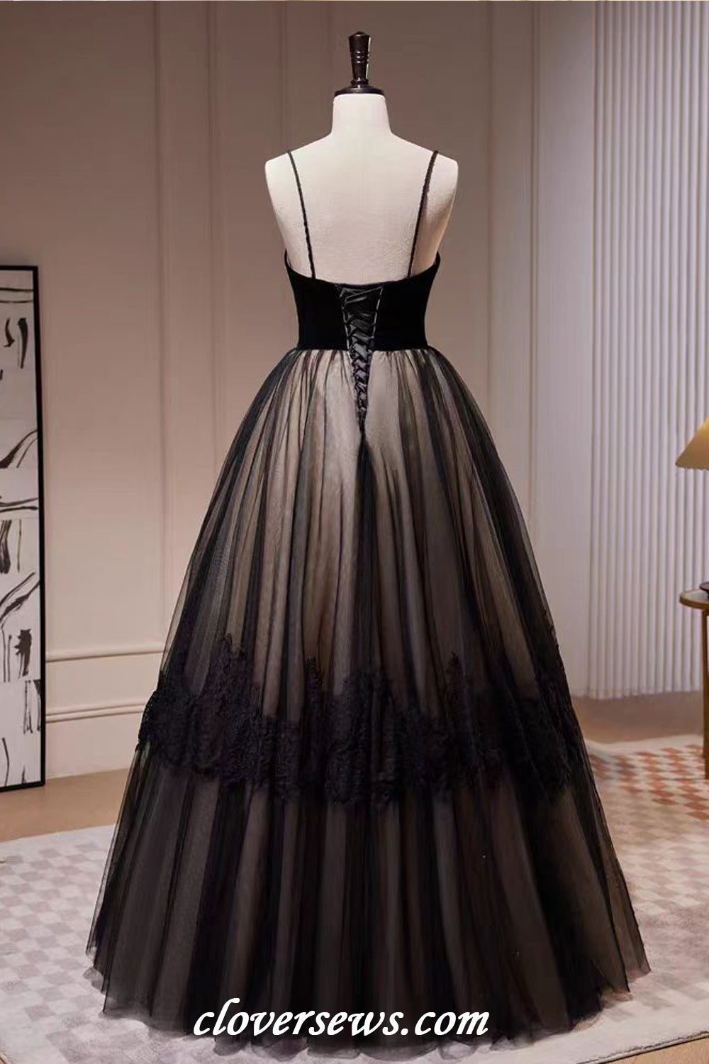 Black Tulle Lace Applique Spaghetti Strap Elegant A-line Formal Dresses, CP1165
