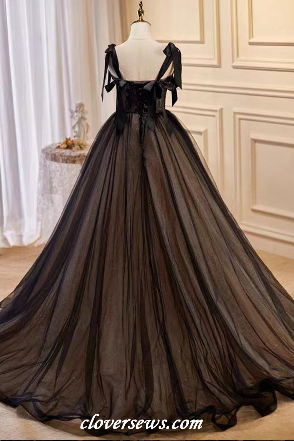 Black Tulle Lace Bowknot Straps Ball Gown Halloween Wedding Dresses, CP1164