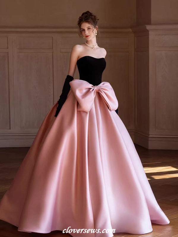 Black Velvet Top Pink Satin With Bowknot Ball Gown Prom Gown With Long Gloves,CP1143 Black Velvet Top Pink Satin With Bowknot Ball Gown Prom Gown With Long Gloves,CP1143