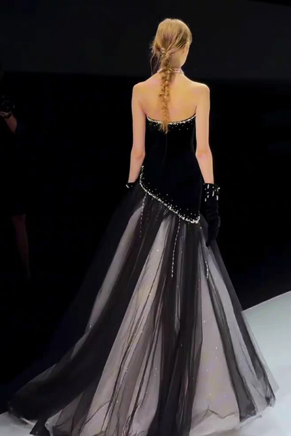 Black Velvet Tulle With Perals Strapless Elegant Formal Dresses, CP1071