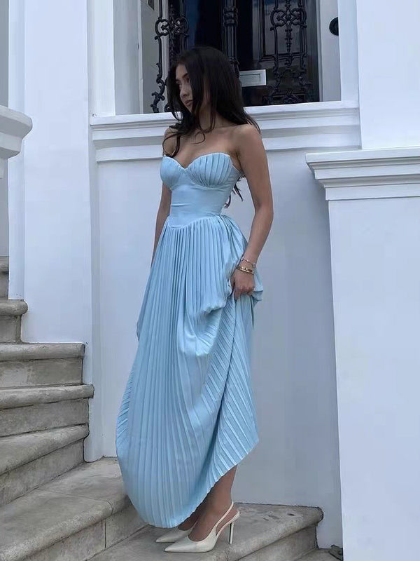Blue Pleating Chiffon Satin Strapless A-line Charming Party Dresses, C clover sew Blue Pleating Chiffon Satin Strapless A-line Charming Party Dresses, C clover sew