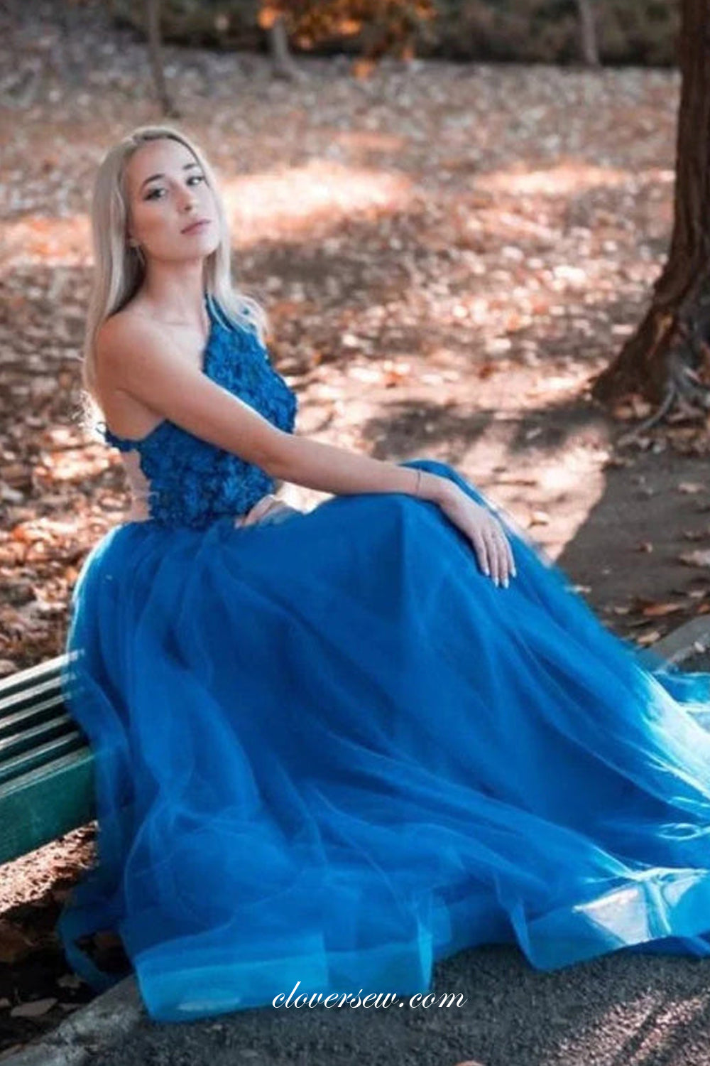 Blue Tulle Lace Applique A-line One Shoulder Prom Dresses, CP1080