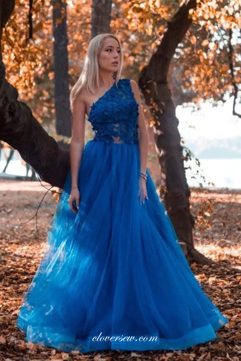 Blue Tulle Lace Applique A-line One Shoulder Prom Dresses, CP1080