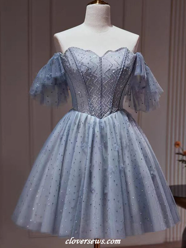 Blue Tulle Shiny Bead Off The Shoulder A-line Short Birthday Party Hoc clover sew Blue Tulle Shiny Bead Off The Shoulder A-line Short Birthday Party Hoc clover sew