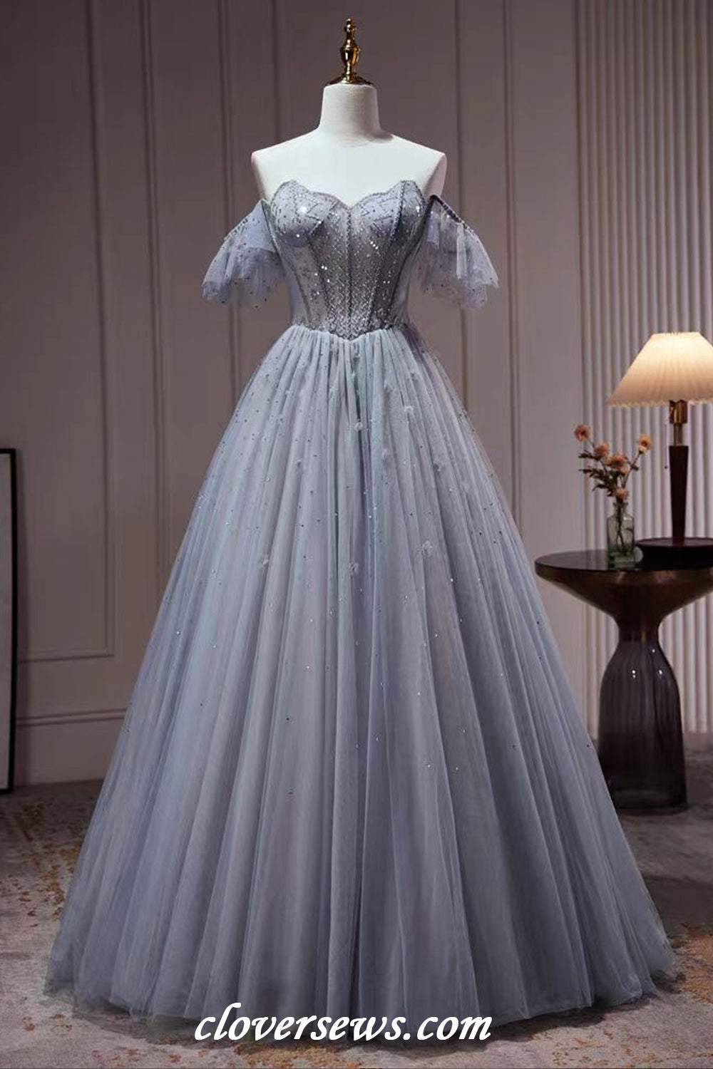 Blue Tulle Shiny Bead Off The Shoulder A-line Short Birthday Party Hoco Dresses, CH0089