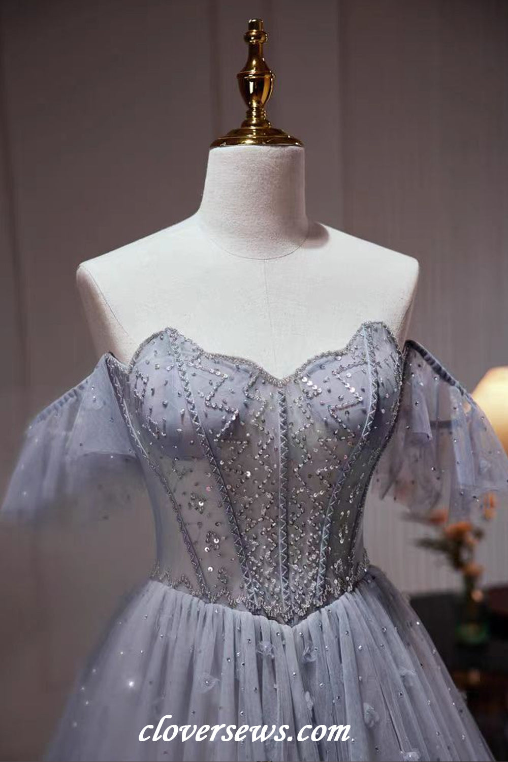 Blue Tulle Shiny Bead Off The Shoulder A-line Short Birthday Party Hoco Dresses, CH0089