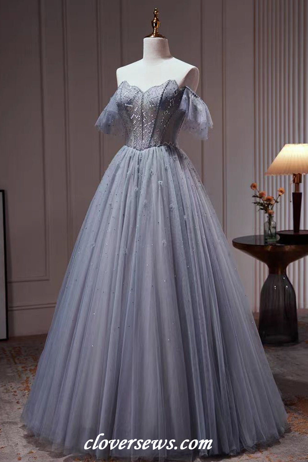 Blue Tulle Shiny Bead Off The Shoulder A-line Short Birthday Party Hoco Dresses, CH0089