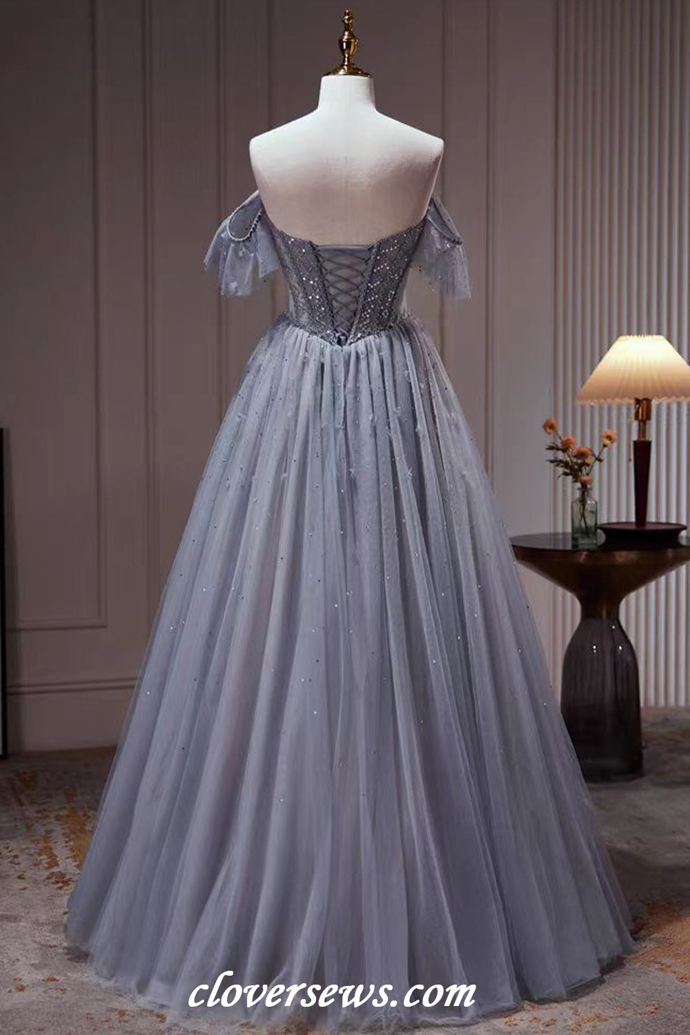 Blue Tulle Shiny Bead Off The Shoulder A-line Short Birthday Party Hoco Dresses, CH0089