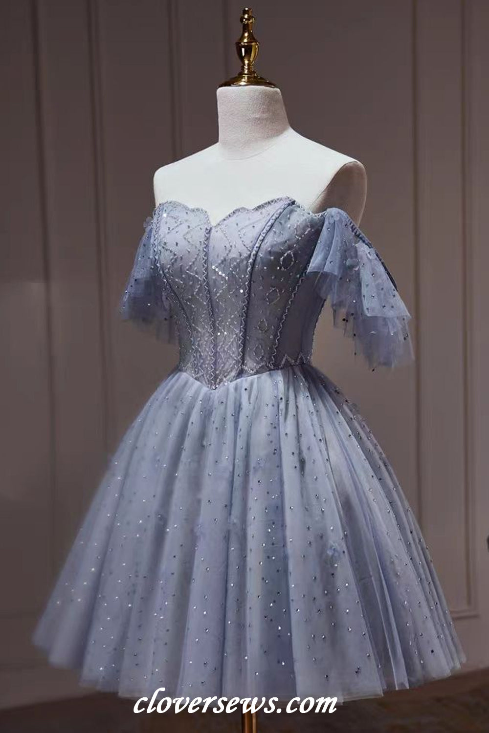 Blue Tulle Shiny Bead Off The Shoulder A-line Short Birthday Party Hoco Dresses, CH0089