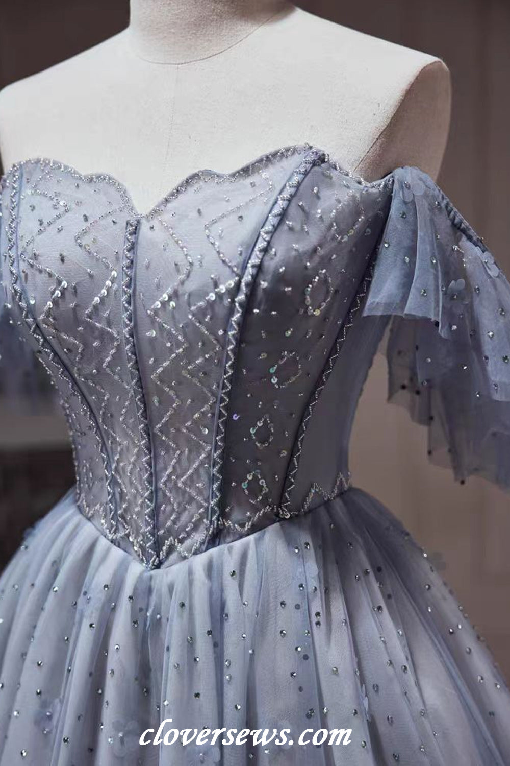 Blue Tulle Shiny Bead Off The Shoulder A-line Short Birthday Party Hoco Dresses, CH0089