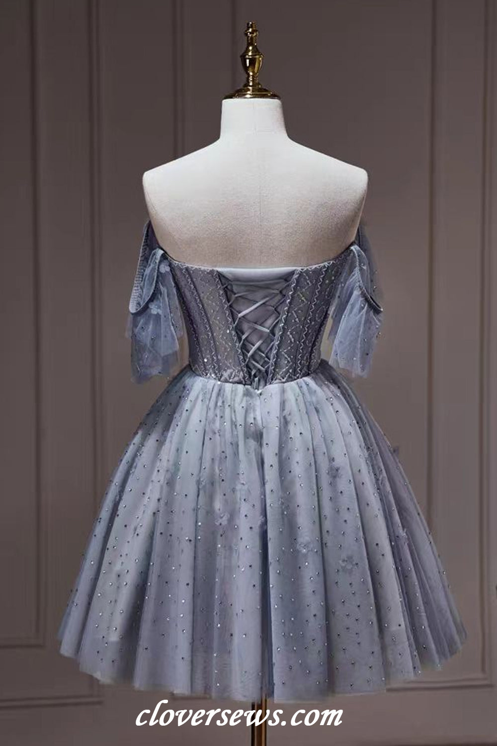 Blue Tulle Shiny Bead Off The Shoulder A-line Short Birthday Party Hoco Dresses, CH0089