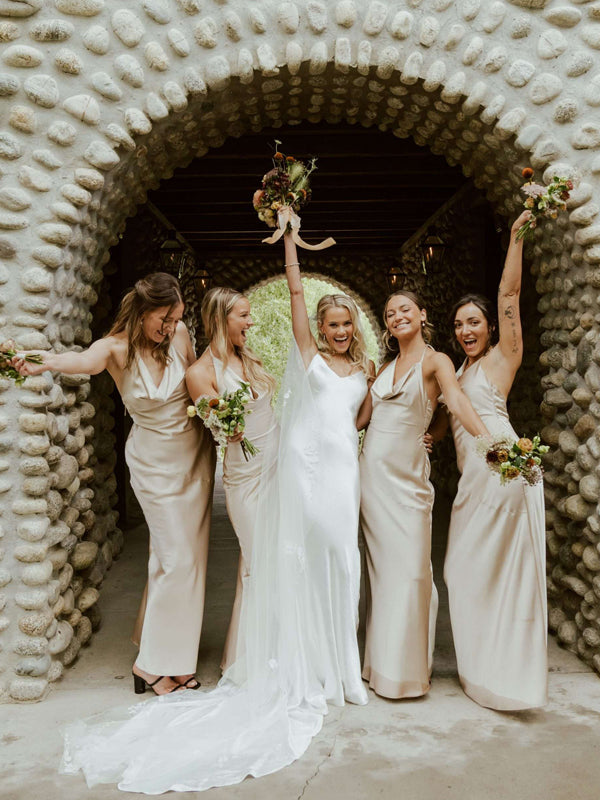 Champagne Gold Satin Halter Sheath Cowl Neck Long Bridesmaid Dresses, clover sew Champagne Gold Satin Halter Sheath Cowl Neck Long Bridesmaid Dresses, clover sew